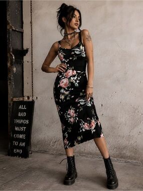 Floral Black Midi Slip Dress with Pink Rose Print